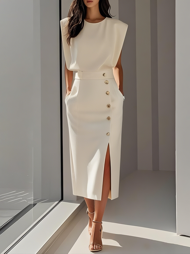 Elegant women's sleeveless midi dress with chic side slit & gold buttons. Perfect for office or cocktails.