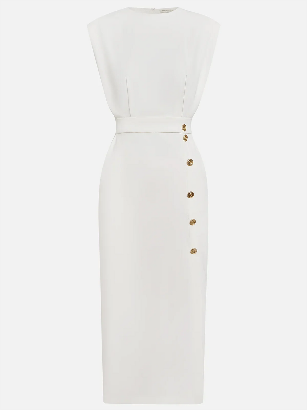 Women's elegant sleeveless midi dress with a contemporary side slit & luxurious gold button detailing.