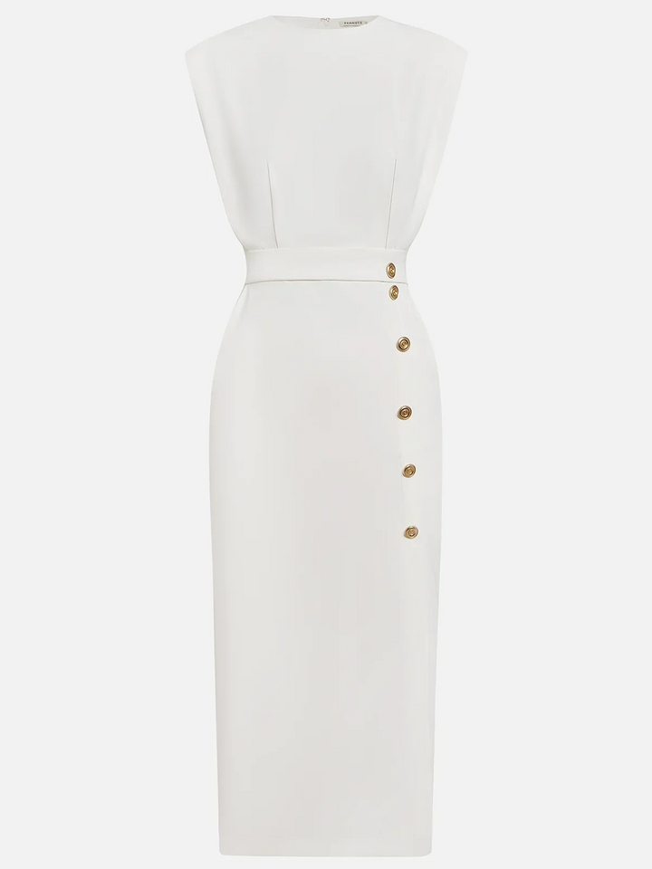 Women's elegant sleeveless midi dress with a contemporary side slit & luxurious gold button detailing.