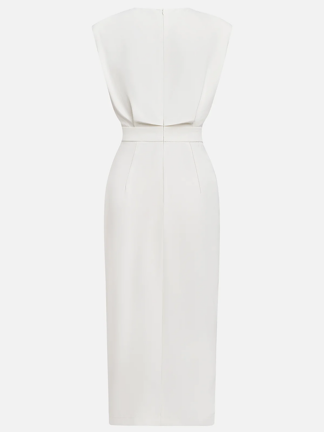 Versatile sleeveless midi dress for women, suitable for work or evening, with slit & gold buttons.