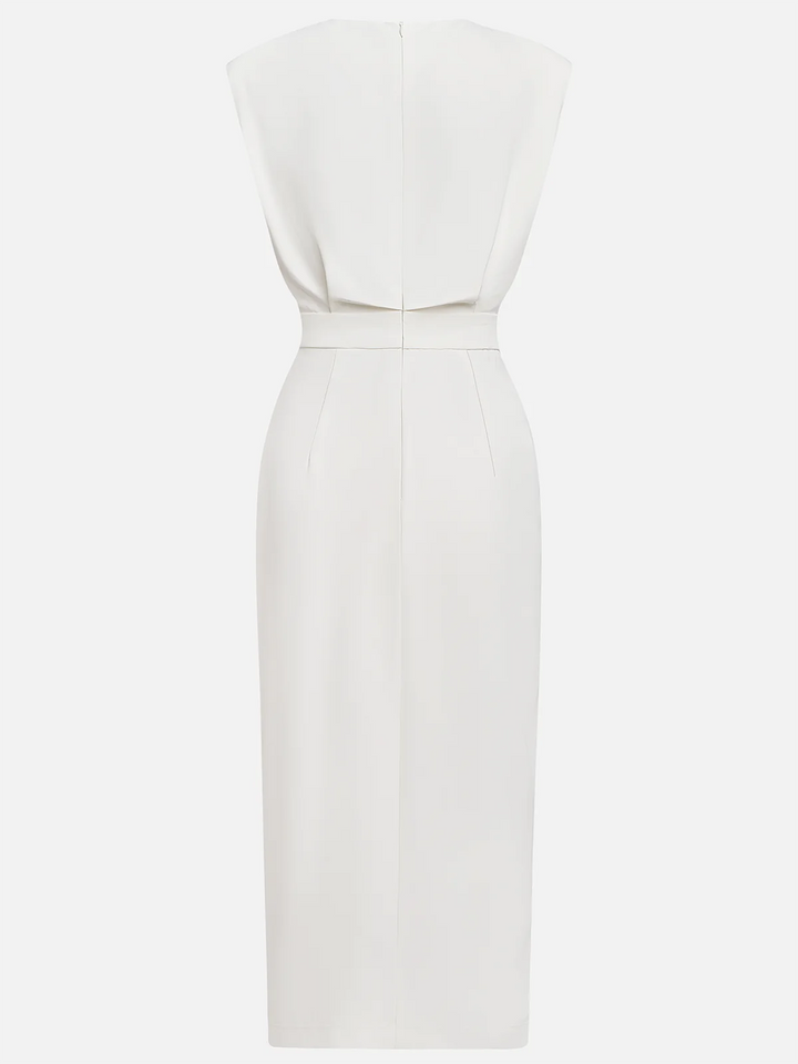 Versatile sleeveless midi dress for women, suitable for work or evening, with slit & gold buttons.