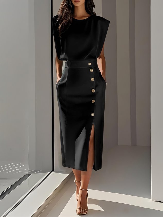 Sophisticated sleeveless midi dress for women, featuring a stylish slit & elegant gold button details.