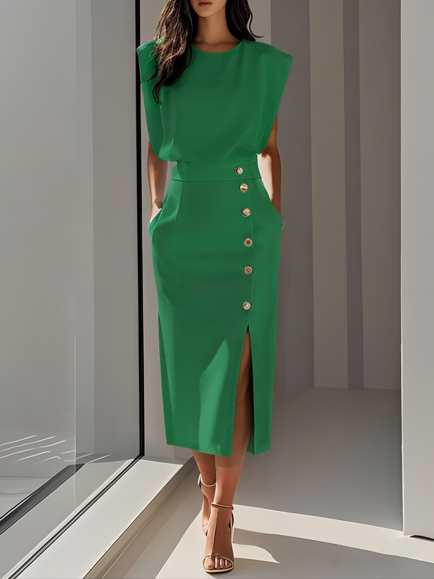 Timeless women's elegant midi dress, sleeveless, with a tasteful side slit & refined gold buttons.