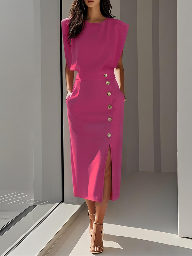 Sleeveless women's party midi dress with a chic high slit and eye-catching gold button details.