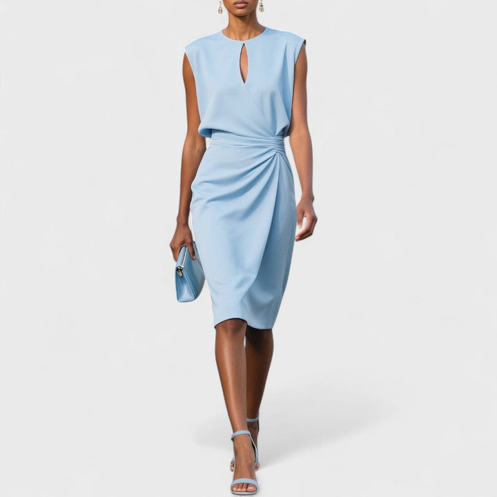 Stylish women's elegant midi dress. Sleeveless, modern cutout, and sophisticated pleated drape. Perfect for events.