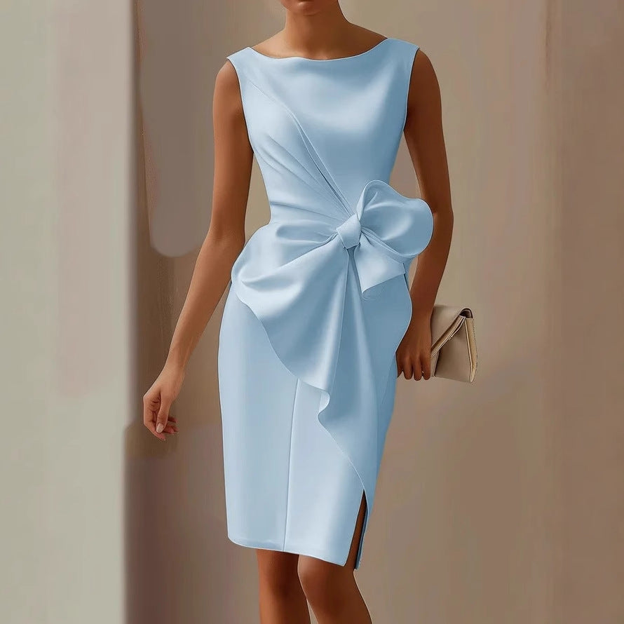 Sophisticated women's sleeveless mini dress featuring a stylish waist tie. Elegant for special occasions.