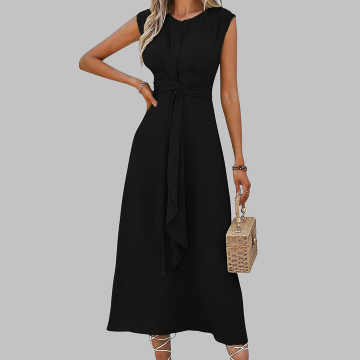 Elegant women's sleeveless round neck maxi dress, a sophisticated long dress for evening wear or special occasions.