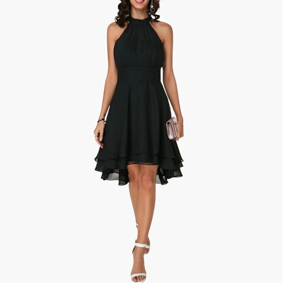 Elegant women's sleeveless ruffle dress, round neck, knee-length for chic summer style.