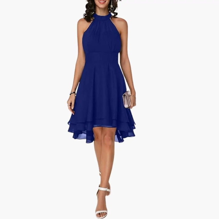 Versatile women's sleeveless dress with ruffles, elegant round neck, perfect for casual or chic wear.