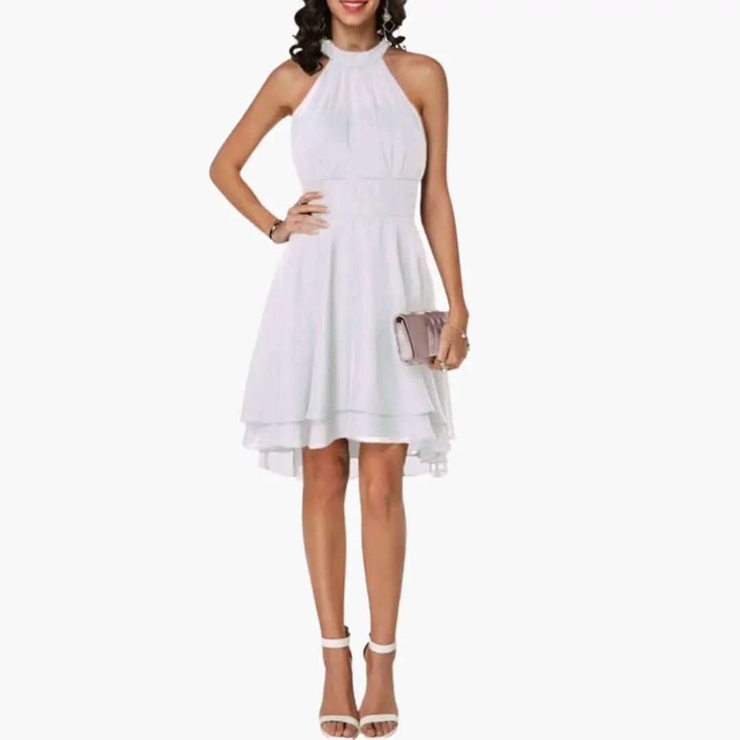 Embrace summer style with this elegant knee-length sleeveless ruffle dress for women. Comfortable & chic.