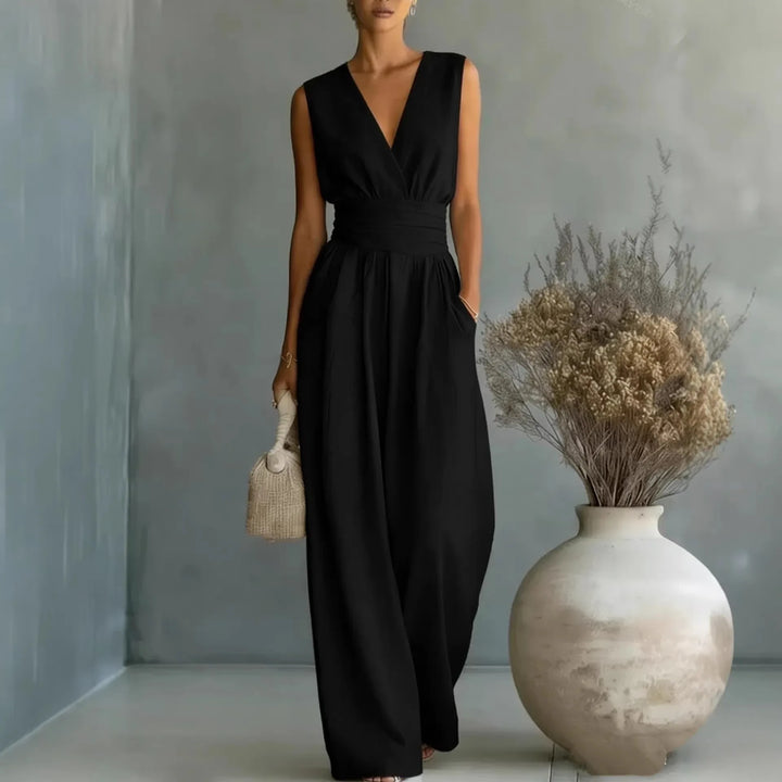 Chic women's sleeveless V-neck wide-leg jumpsuit, an elegant summer fashion outfit, comfortable & stylish.