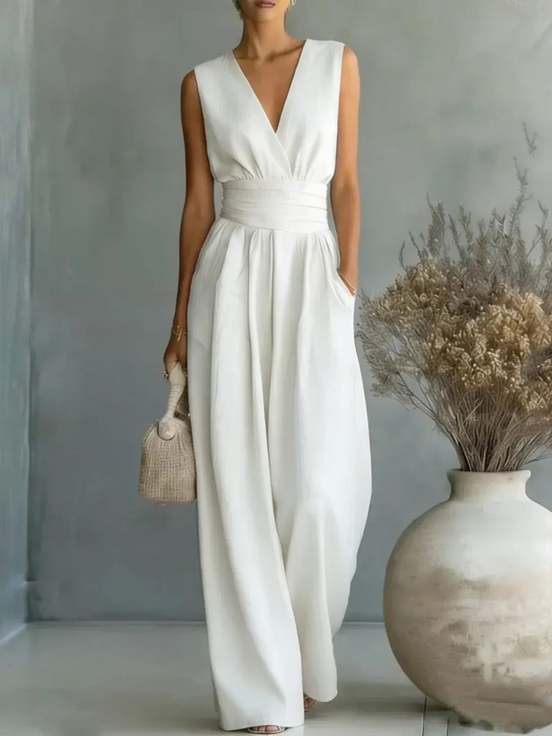 Elegant women's sleeveless V-neck wide-leg jumpsuit. A stylish one-piece perfect for summer and evening wear.