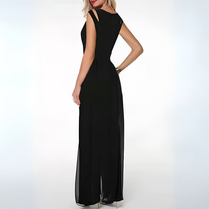 Elegant women's sleeveless wide-leg jumpsuit in a solid color, perfect for formal or casual chic events.