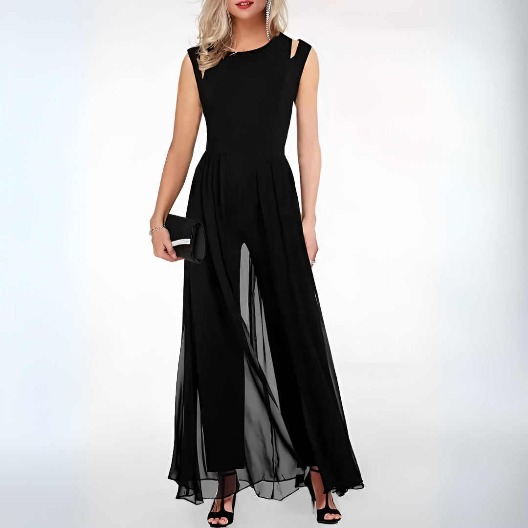 Modern women's elegant jumpsuit with a flattering sleeveless top and comfortable wide-leg silhouette for any event.