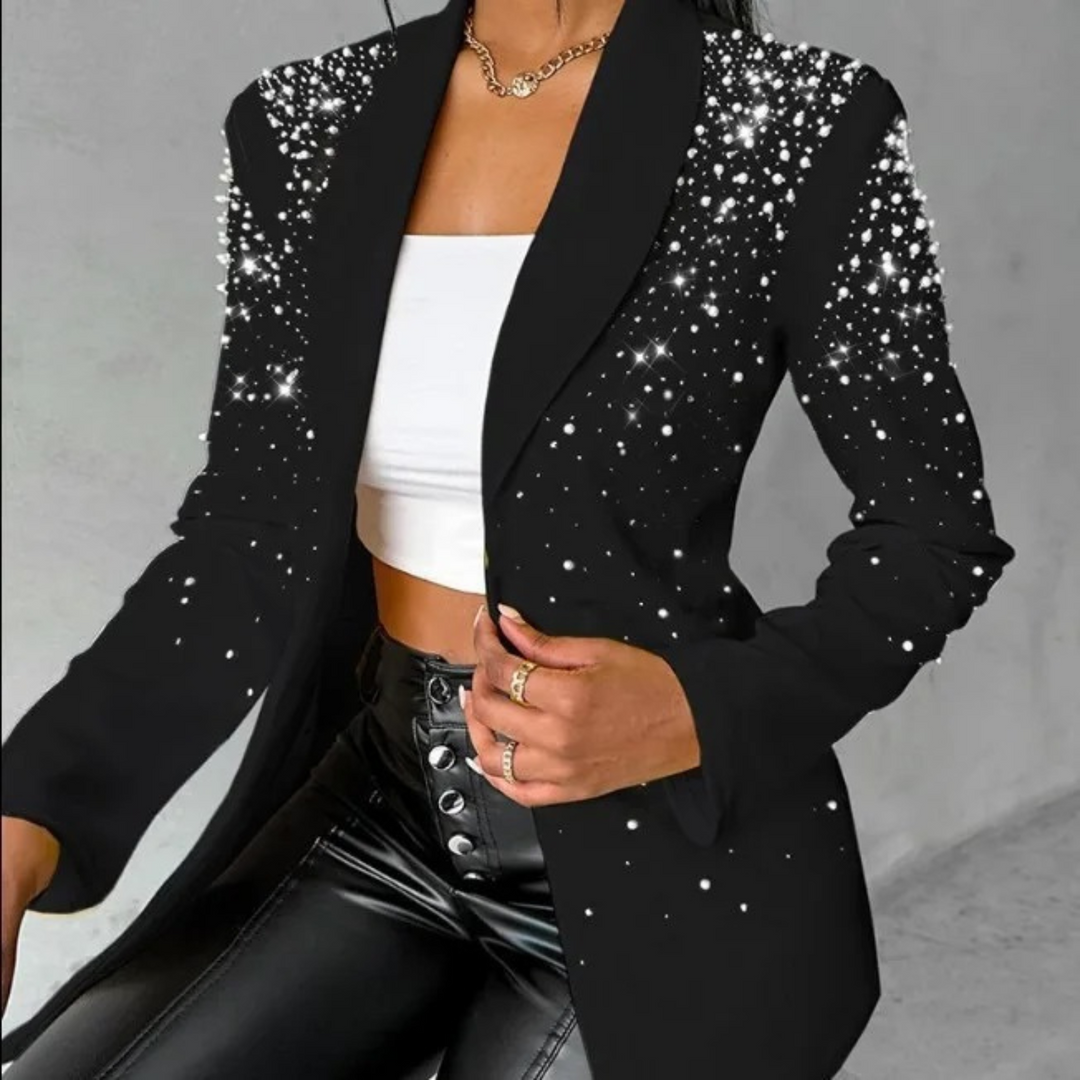 Chic slim-fit women's pearl detail blazer, a versatile long-sleeve jacket for smart casual or party outfits.