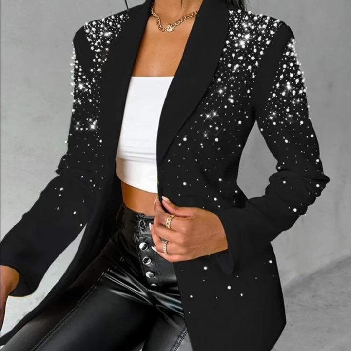 Chic slim-fit women's pearl detail blazer, a versatile long-sleeve jacket for smart casual or party outfits.