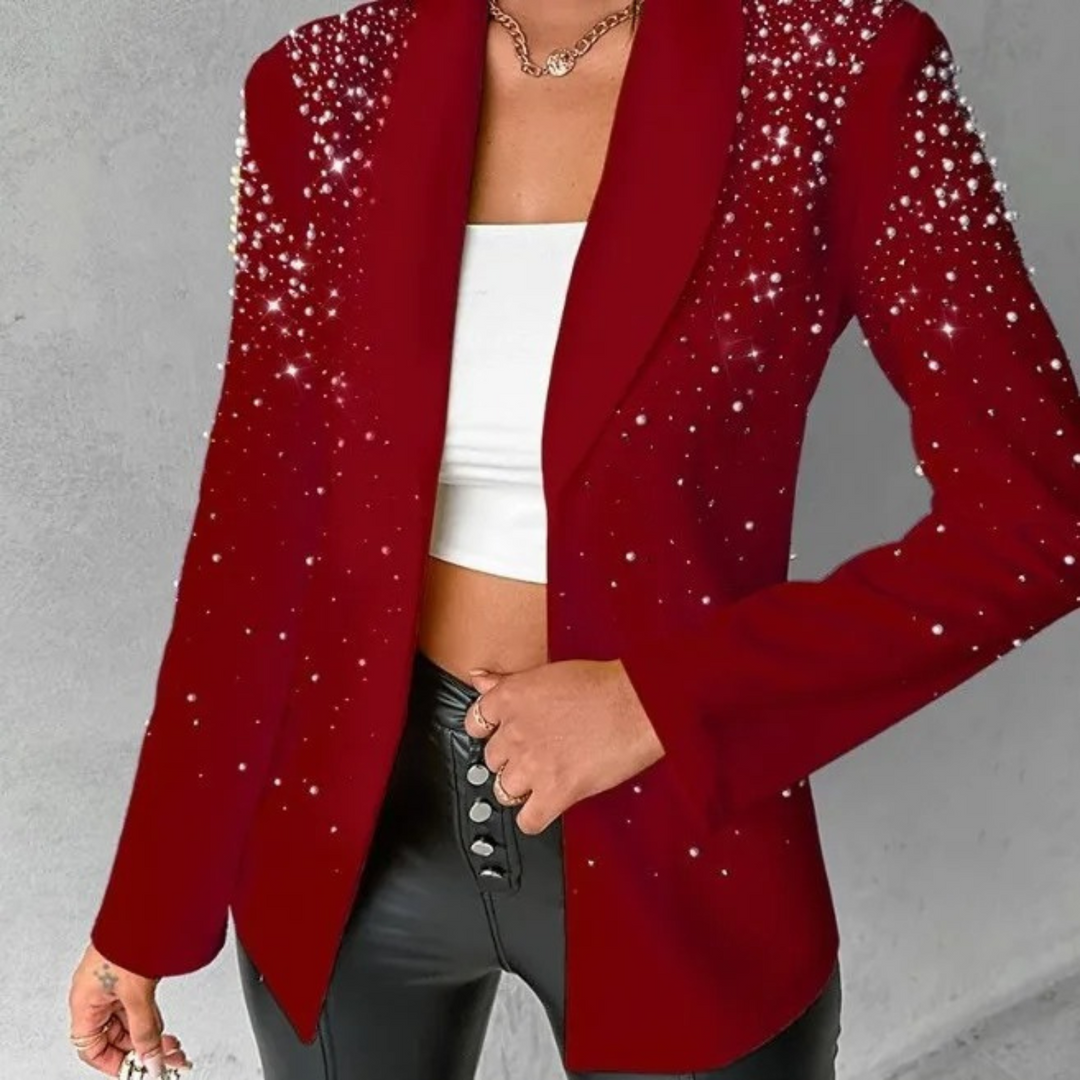 Sophisticated ladies' slim pearl blazer. Fashionable long-sleeve jacket for elegant business, party, or evening wear.