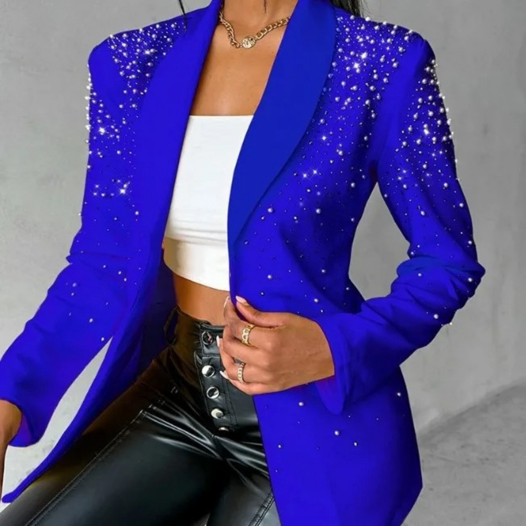 Stylish women's slim-fit blazer with unique pearl embellishments, a modern and elegant fashion jacket.