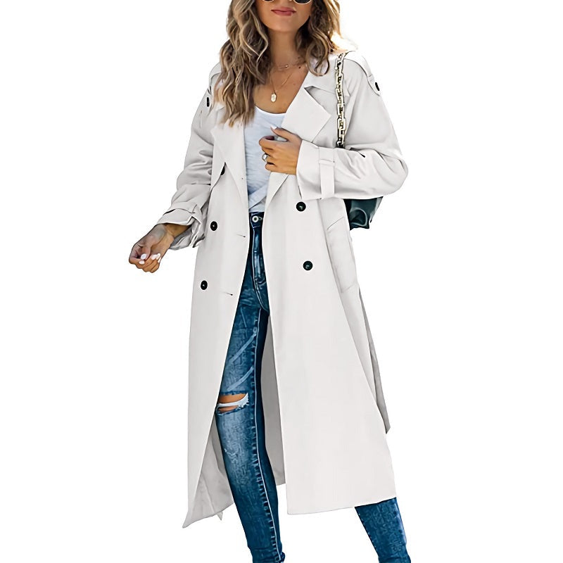 Elegant women's slim fit trenchcoat, classic double-breasted style for versatile office and casual wear.