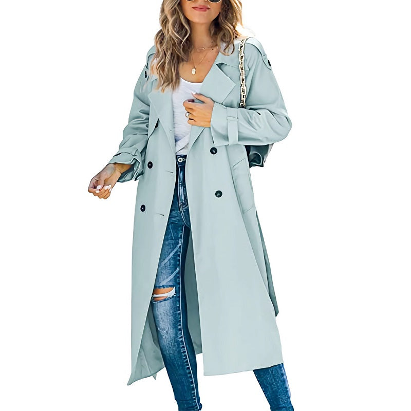 Khaki women's slim fit trenchcoat with adjustable belt, a classic and elegant outerwear jacket for all seasons.