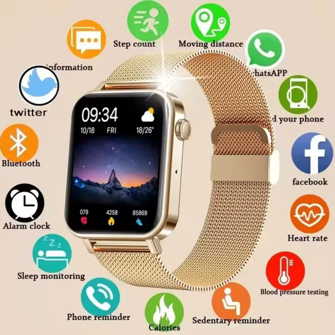 Elegant women's smartwatch with a sleek rose gold case and black strap. Perfect health & fitness tech accessory.