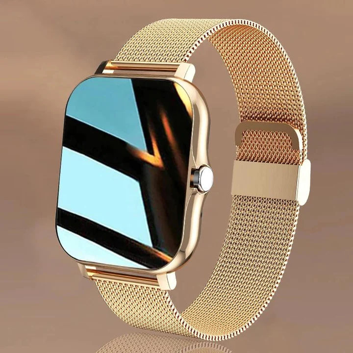 Women's elegant smartwatch, fitness tracker displaying daily steps & activity. Stylish for active lifestyles.