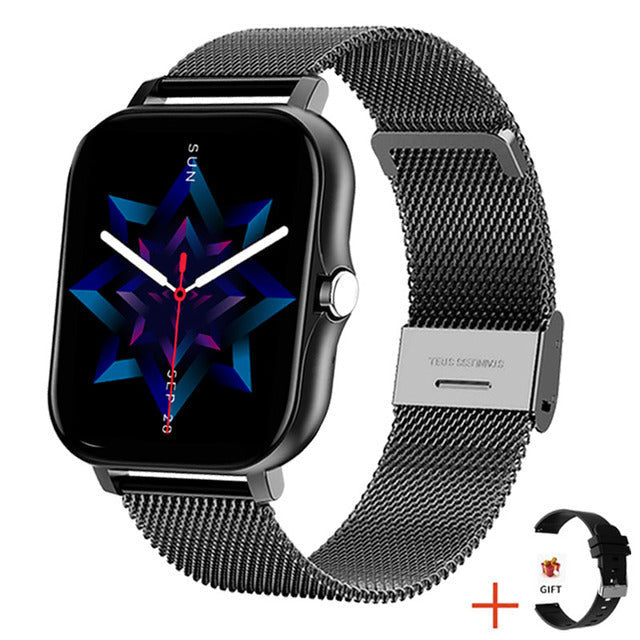 Women's connected smartwatch, vibrant digital display showing time & notifications. Modern tech accessory.