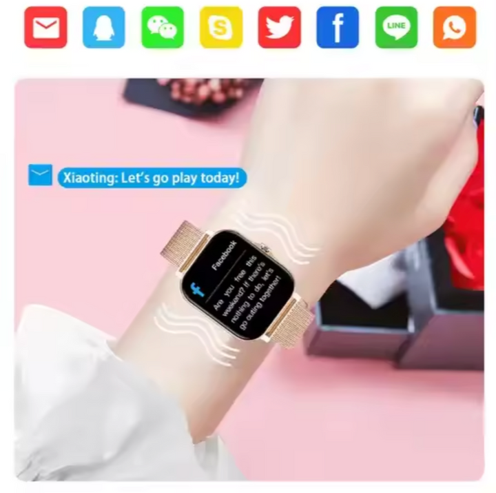 Detail of the elegant women's smartwatch's polished silver casing and comfortable black strap. Premium design.