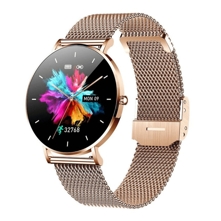 Elegant women's smartwatch with slim rose gold design, perfect for fashion-conscious health tracking.