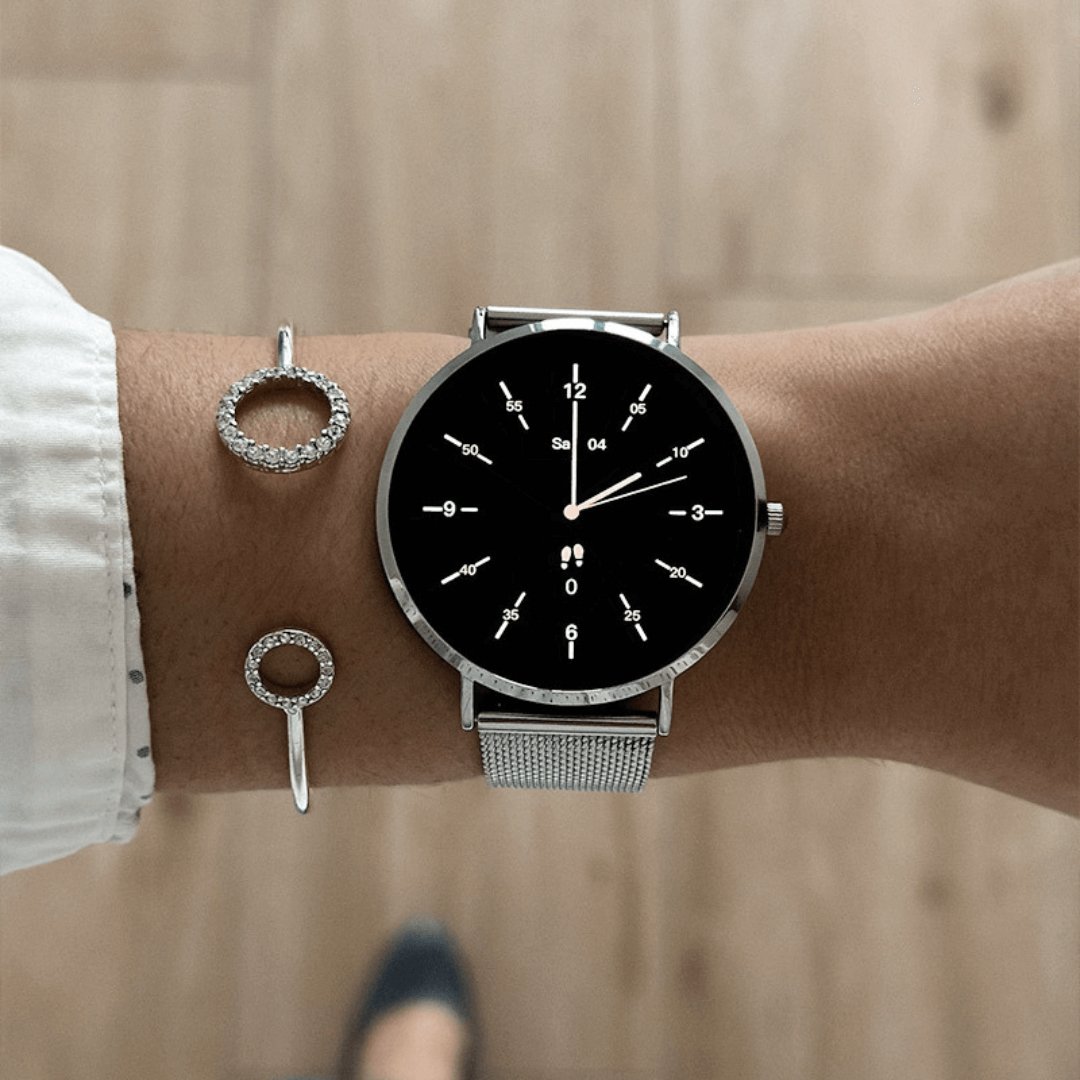 Rose gold women's smartwatch featuring a slim stainless steel band, elegant for daily wear & health.