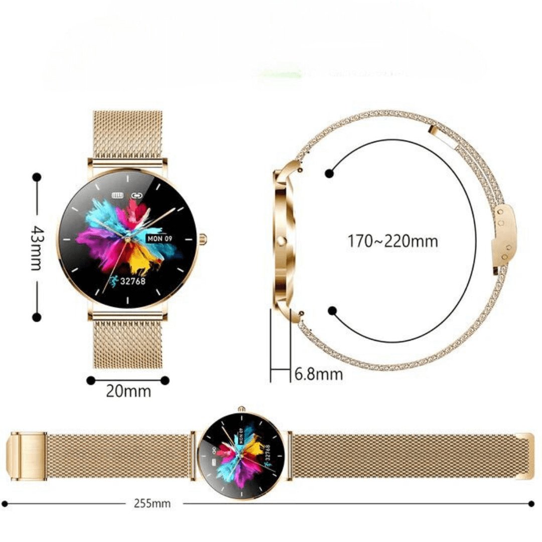 Sleek women's touchscreen smartwatch in rose gold, offering smart notifications & comprehensive health tracking.
