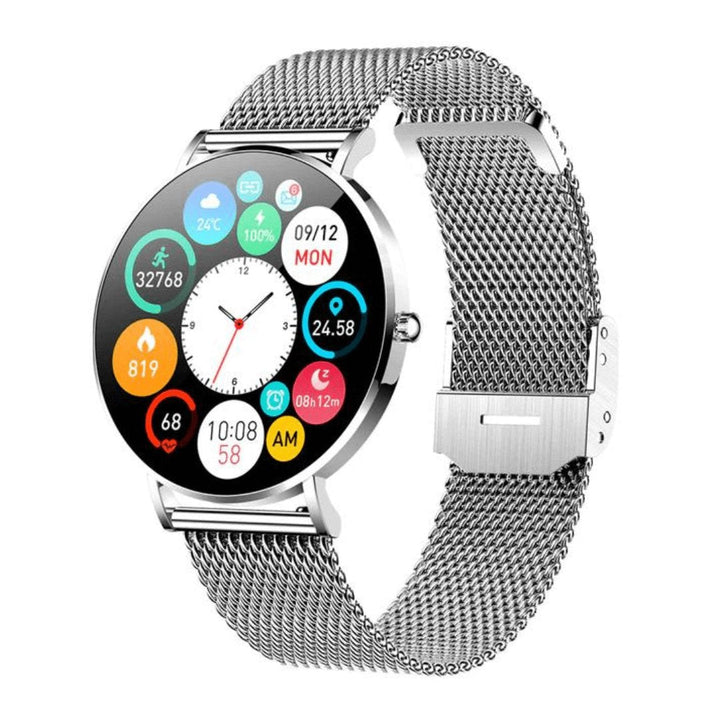 Women's elegant smartwatch: slim rose gold/silver design, health monitor, fitness tracker & smart notifications.