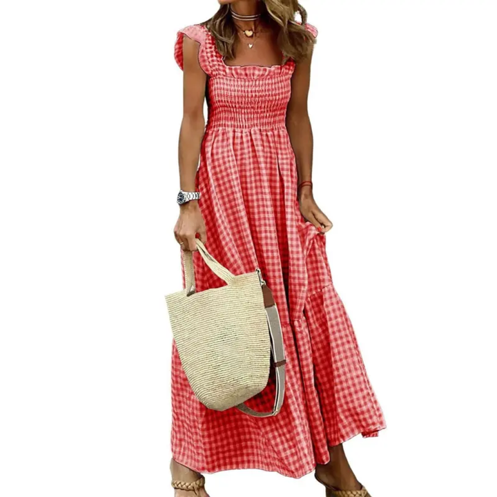 Flowy women's smocked tiered maxi dress. Long summer dress with a comfortable fit and elegant design.