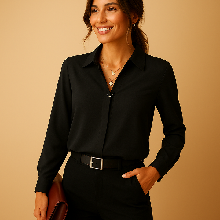 Elegant women's solid blouse, tailored fit. Versatile long sleeve button-up top for office wear or chic casual style.