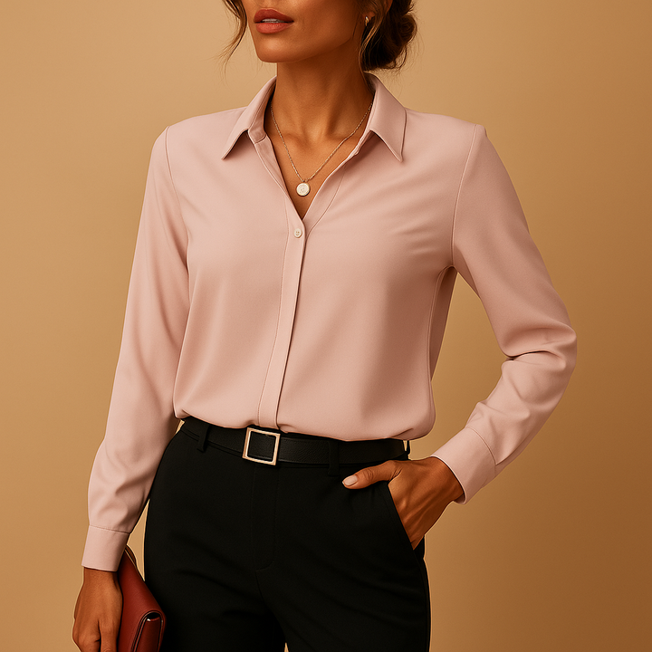 Chic women's solid long sleeve blouse with a tailored fit. Feminine button-up top, perfect for versatile professional attire.