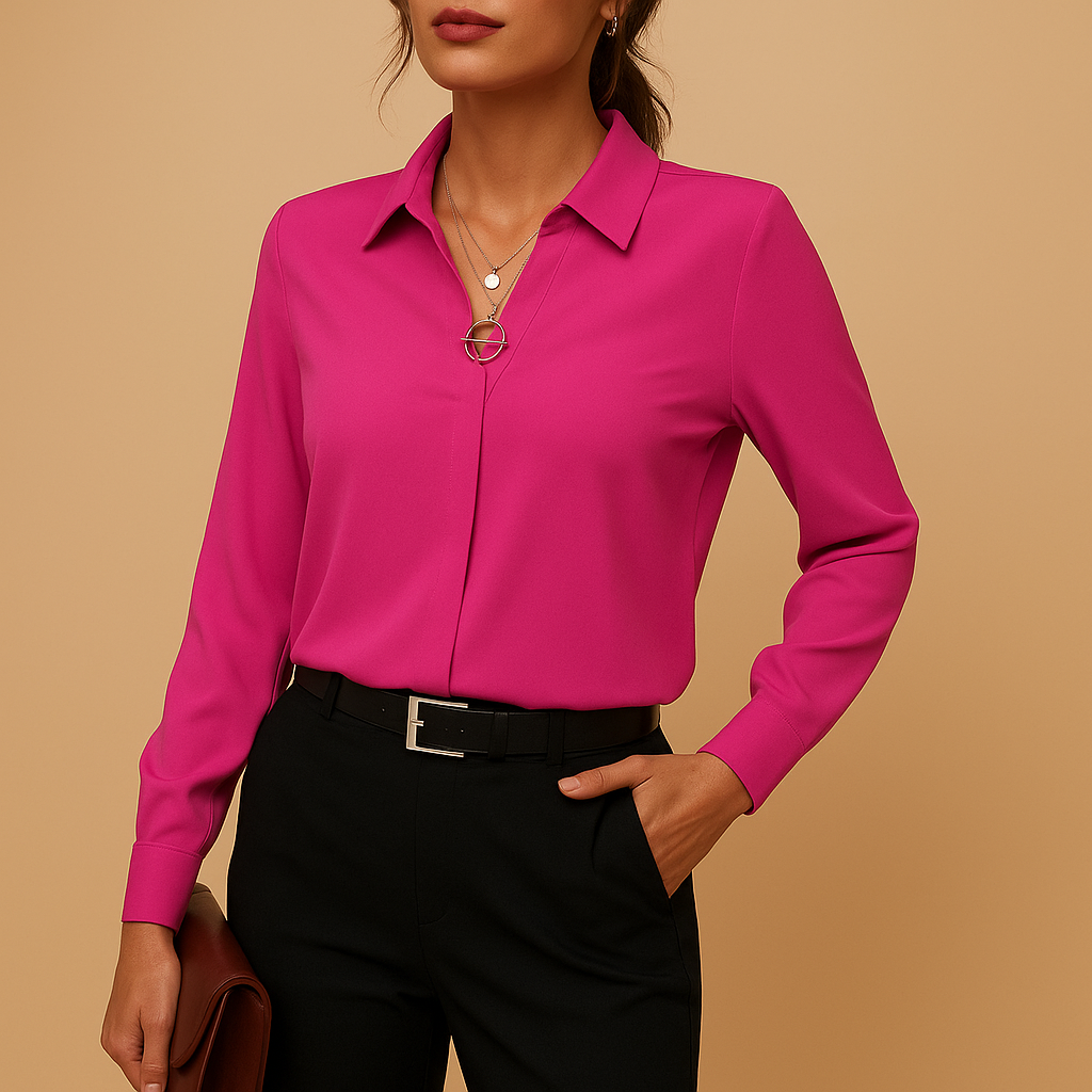 Classic women's solid office blouse, elegant and tailored. A versatile long sleeve top for a sophisticated button-up look.