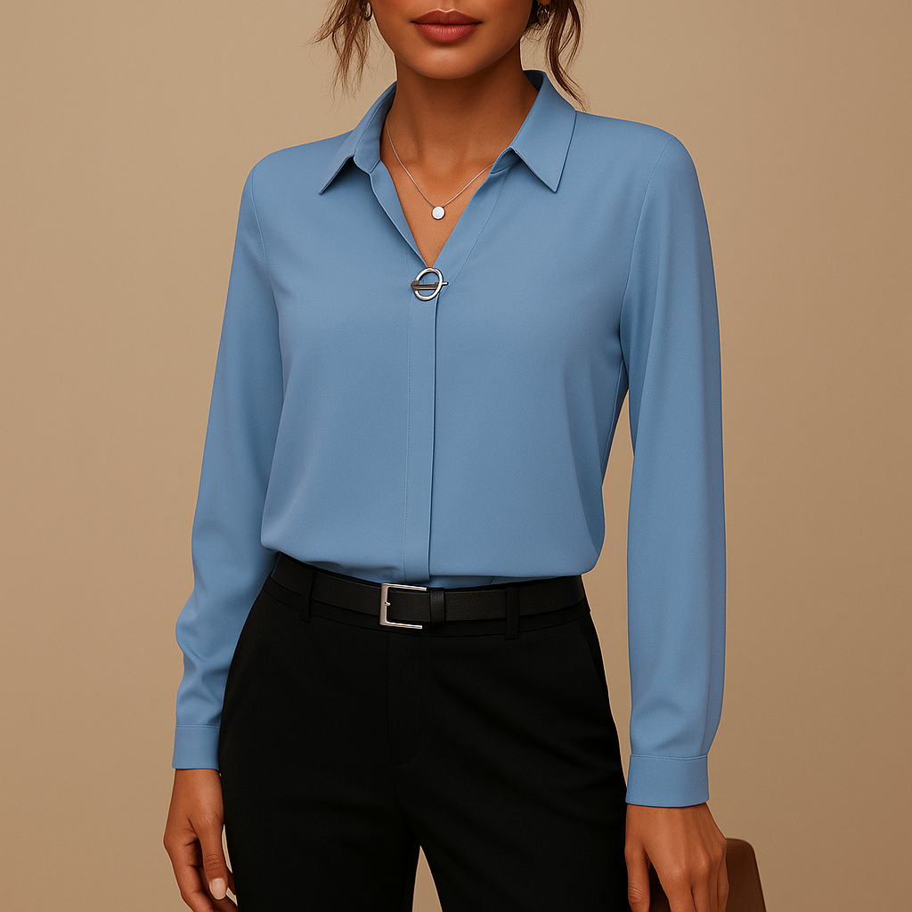 Sophisticated women's tailored solid blouse. Elegant long sleeve top, ideal for professional office wear or a chic casual ensemble.