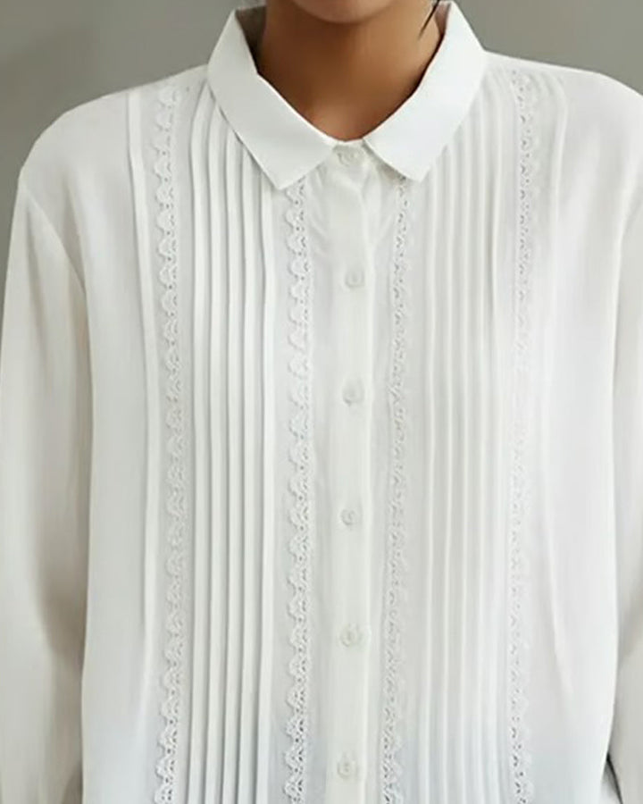 Stylish women's button-up Peter Pan collar shirt, solid color & long sleeves. Ideal for elegant casual spring autumn wear.