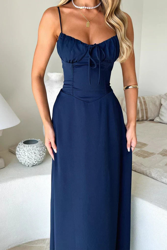 Stunning women's party dress, a flowing wrap maxi with thin spaghetti straps for evening occasions.