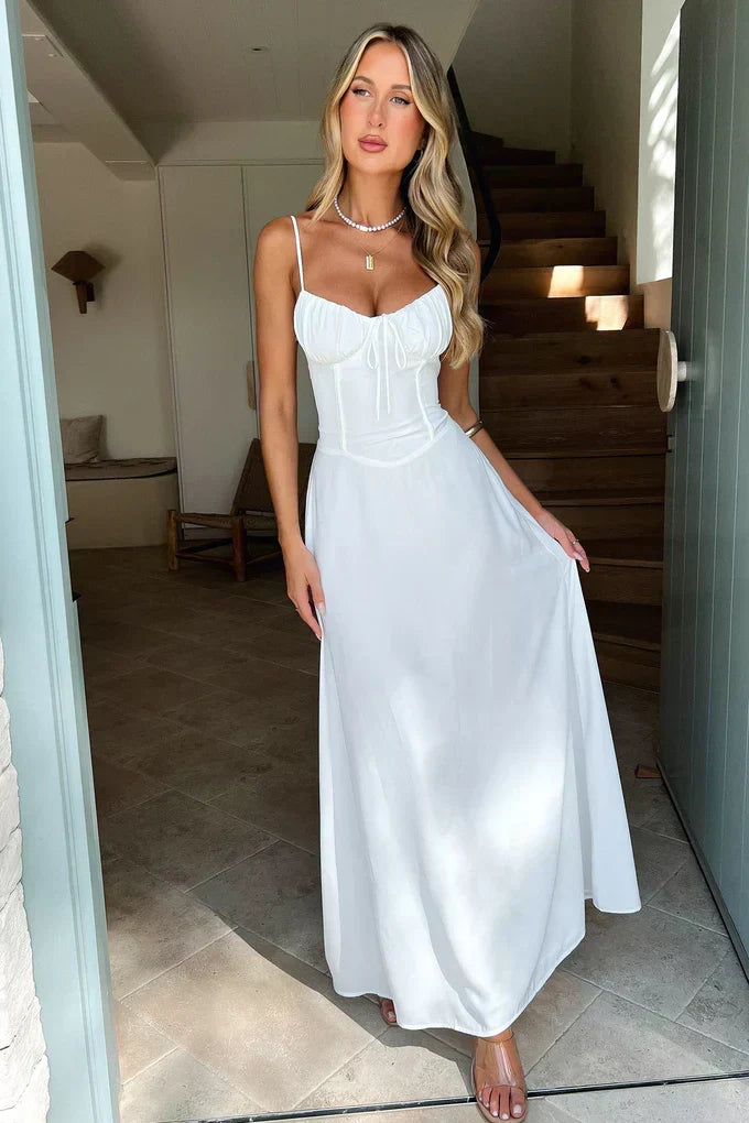 Sophisticated women's wrap maxi dress, spaghetti strap design for elegant evening wear & summer parties.