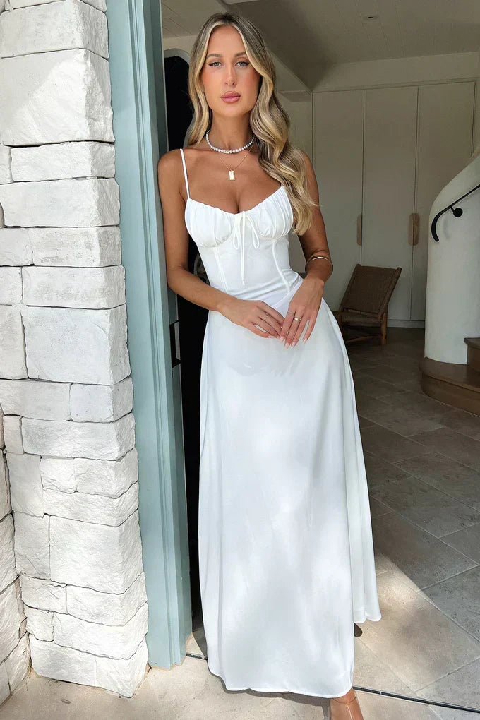 Flattering women's formal dress, a spaghetti strap wrap maxi gown perfect for evening galas & events.