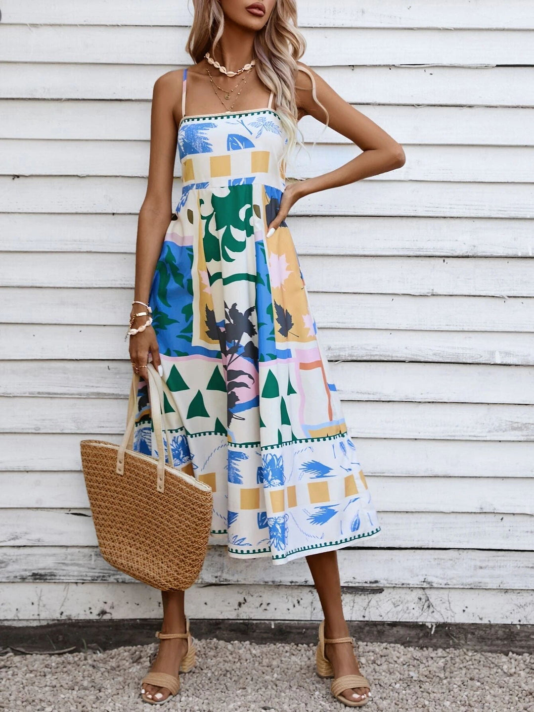 Elegant women's square neck boho midi dress, a perfect sundress for summer.