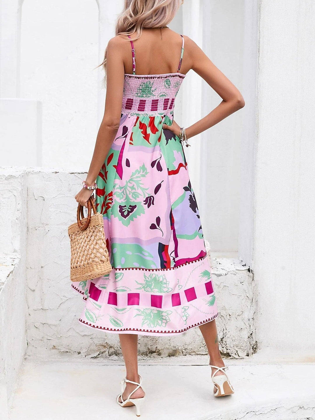 Women's casual summer dress, a beautiful square neck boho midi for beach days.