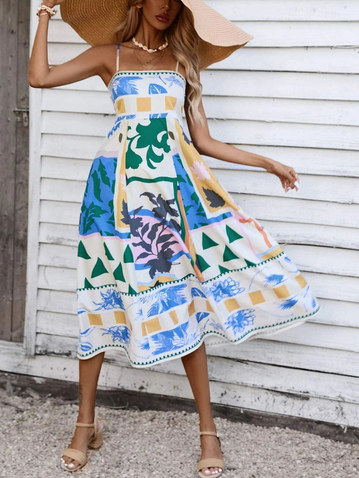 Chic women's bohemian style midi dress with an elegant square neck for casual wear.