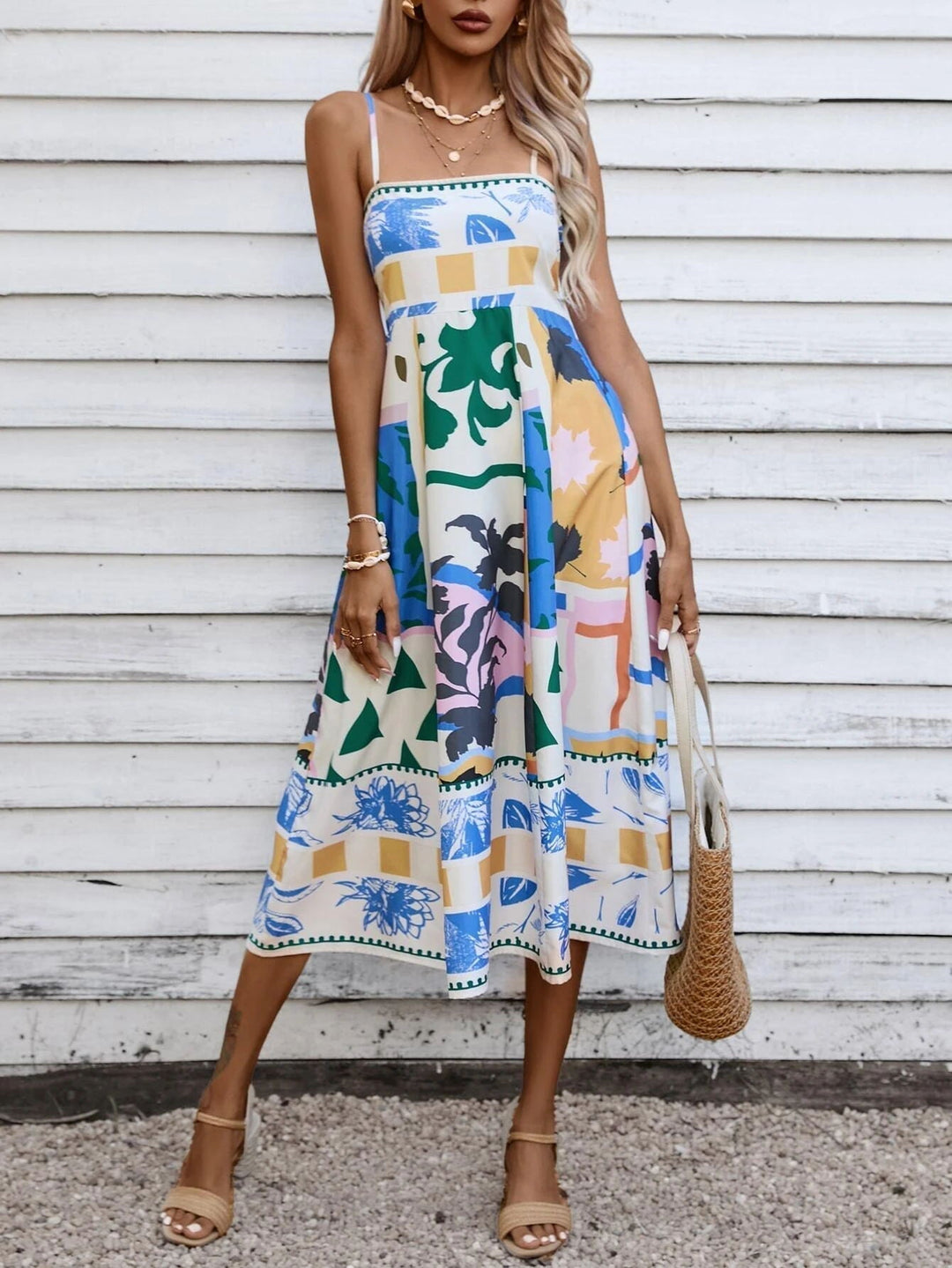 Stylish women's square neck midi dress, a comfortable boho sundress perfect for summer.