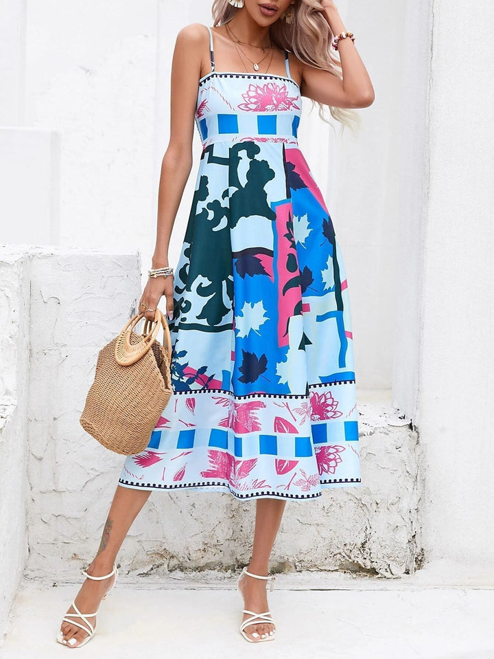 Flowy women's boho midi dress, elegant square neck design, perfect for summer casual outings.