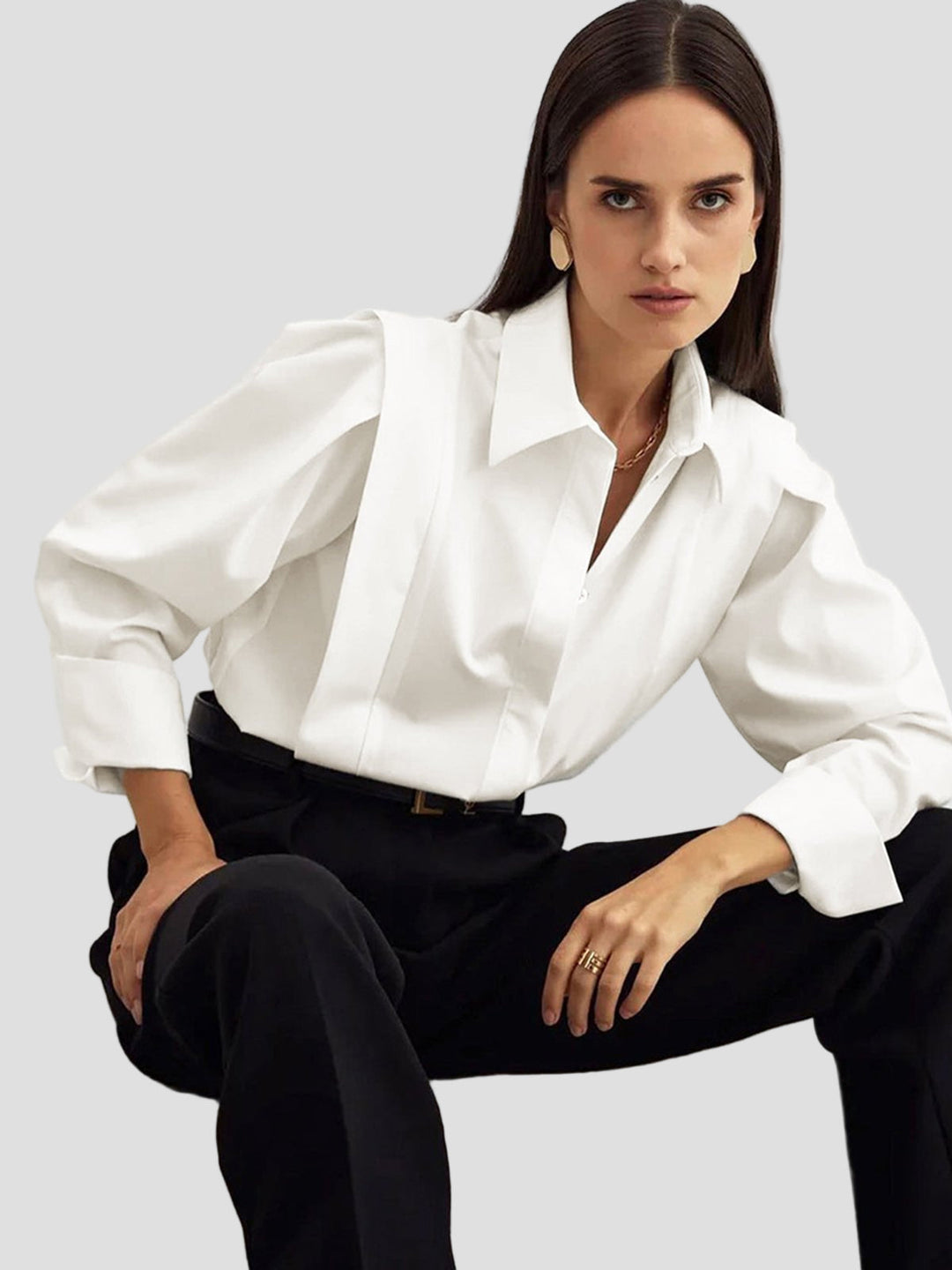 Women's elegant square neck blouse with button-down front. Long sleeve, versatile fashion essential for office & casual.