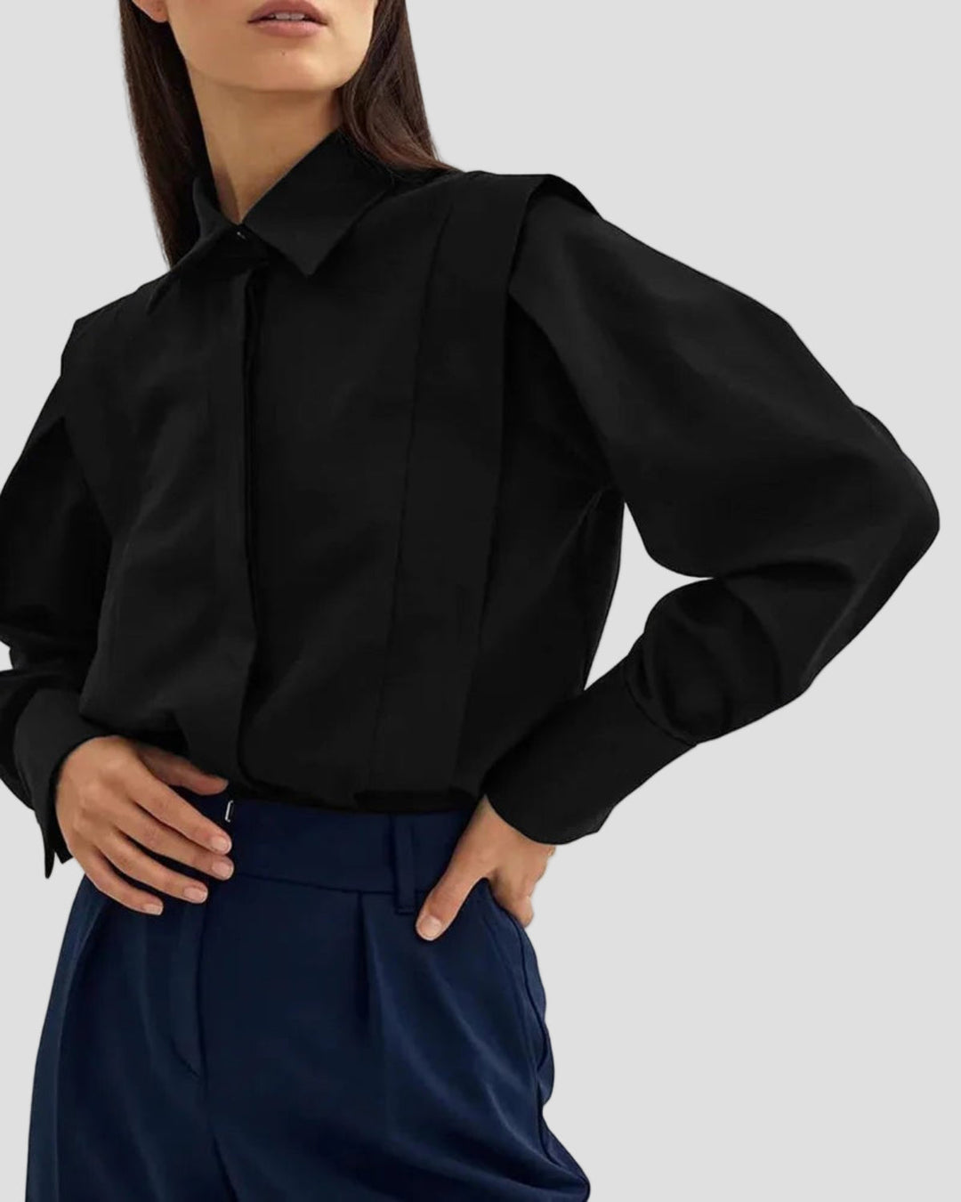 Fashionable women's square neck button down long sleeve blouse. Elegant & versatile shirt for casual or office attire.