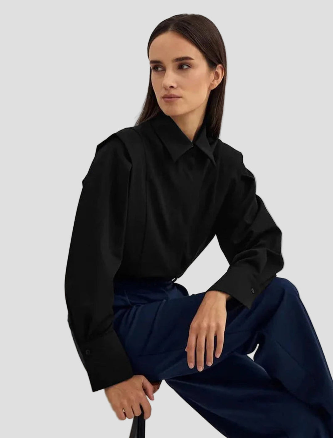 Modern women's square neck button down shirt. Long sleeve elegant blouse, ideal for office, casual, and chic fashion.