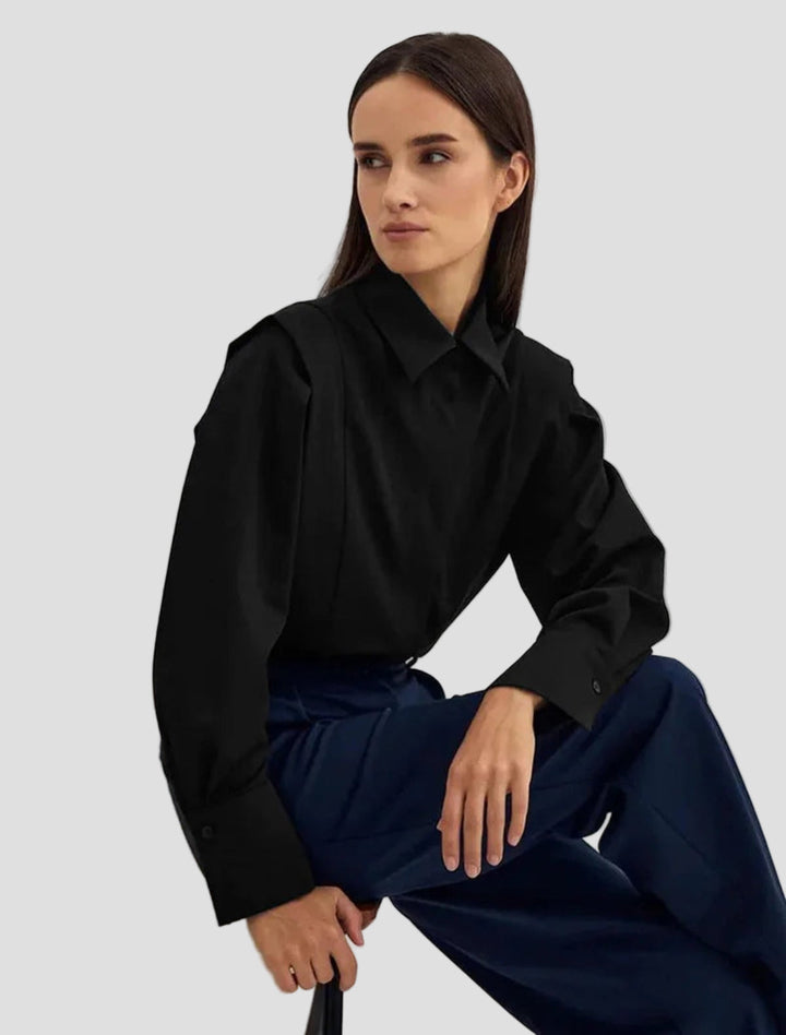 Modern women's square neck button down shirt. Long sleeve elegant blouse, ideal for office, casual, and chic fashion.